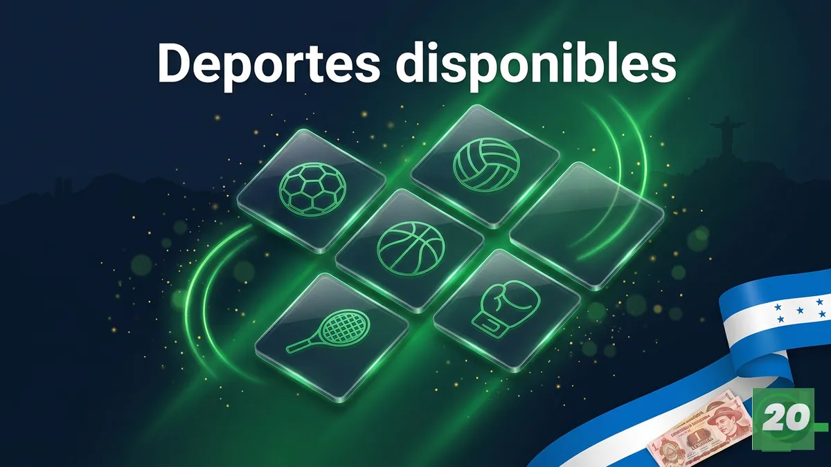 Cuadrícula de iconos de fútbol, vóley, baloncesto, tenis y boxeo con acento verde sobre fondo azul marino, silueta de Tegucigalpa