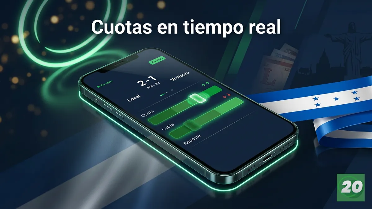 Pantalla de celular con cuotas de apuestas en vivo actualizándose, luces verdes y doradas sobre fondo azul marino