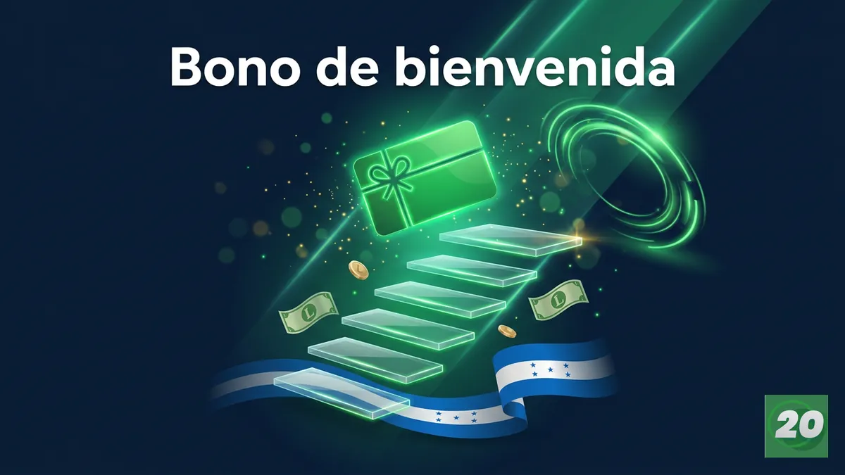 Tarjeta de bono verde sobre escalera de vidrio ascendente con billetes de lempiras y bandera de Honduras, fondo azul marino