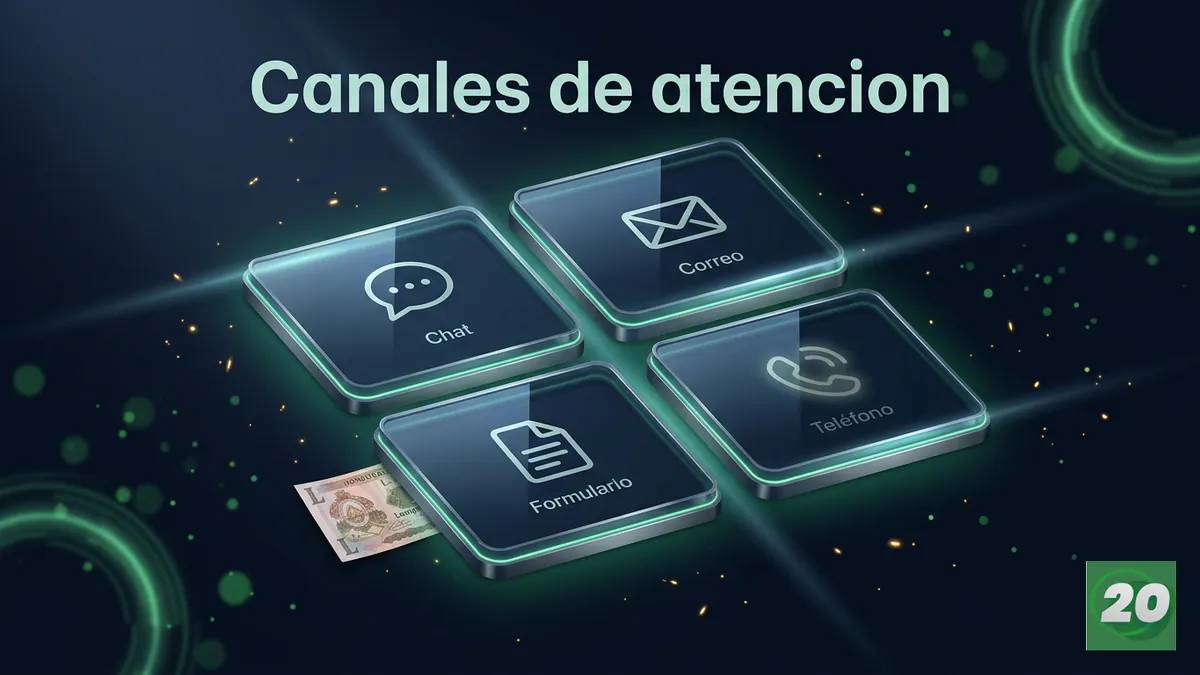 Cuatro iconos de canales de contacto de 20Bet: chat, formulario, correo y telefono