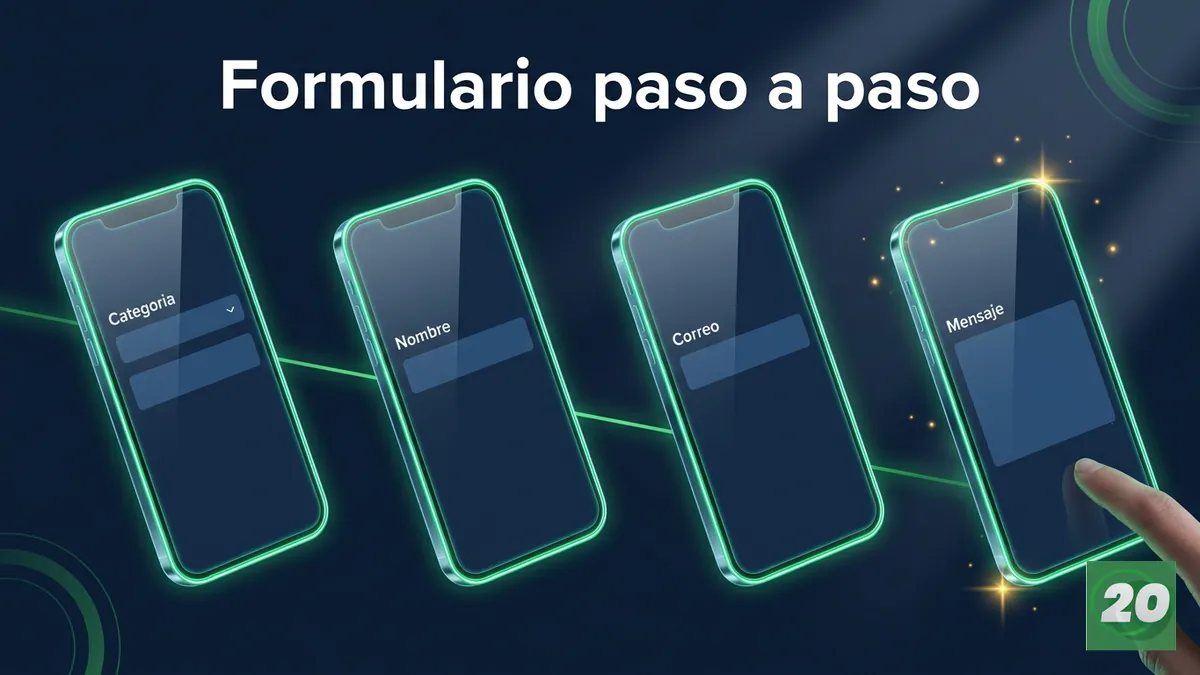 Secuencia de cuatro pantallas mostrando los pasos del formulario de contacto de 20Bet