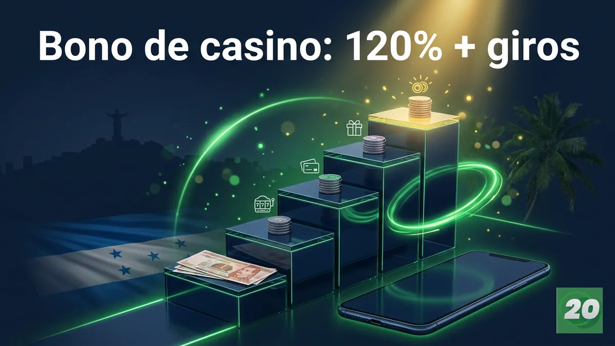 Escalera de bonos de casino 20Bet en Honduras con giros gratis, sin texto en inglés ni logotipos.