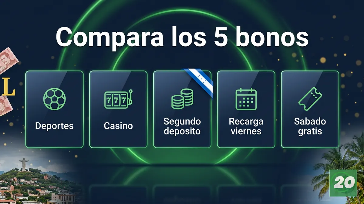 Comparativa visual de los cinco bonos de 20Bet en Honduras, tarjetas de vidrio con acentos verdes.