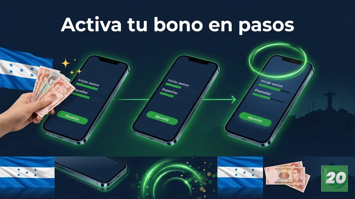 Pasos para activar el bono de 20Bet en Honduras en teléfonos con interfaz en español, sin logotipos.