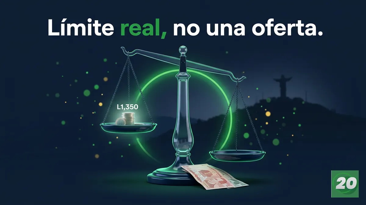 Balanza de cristal con el límite de L1,350 del reglamento de 20Bet, mostrando que no es una oferta activa en Honduras