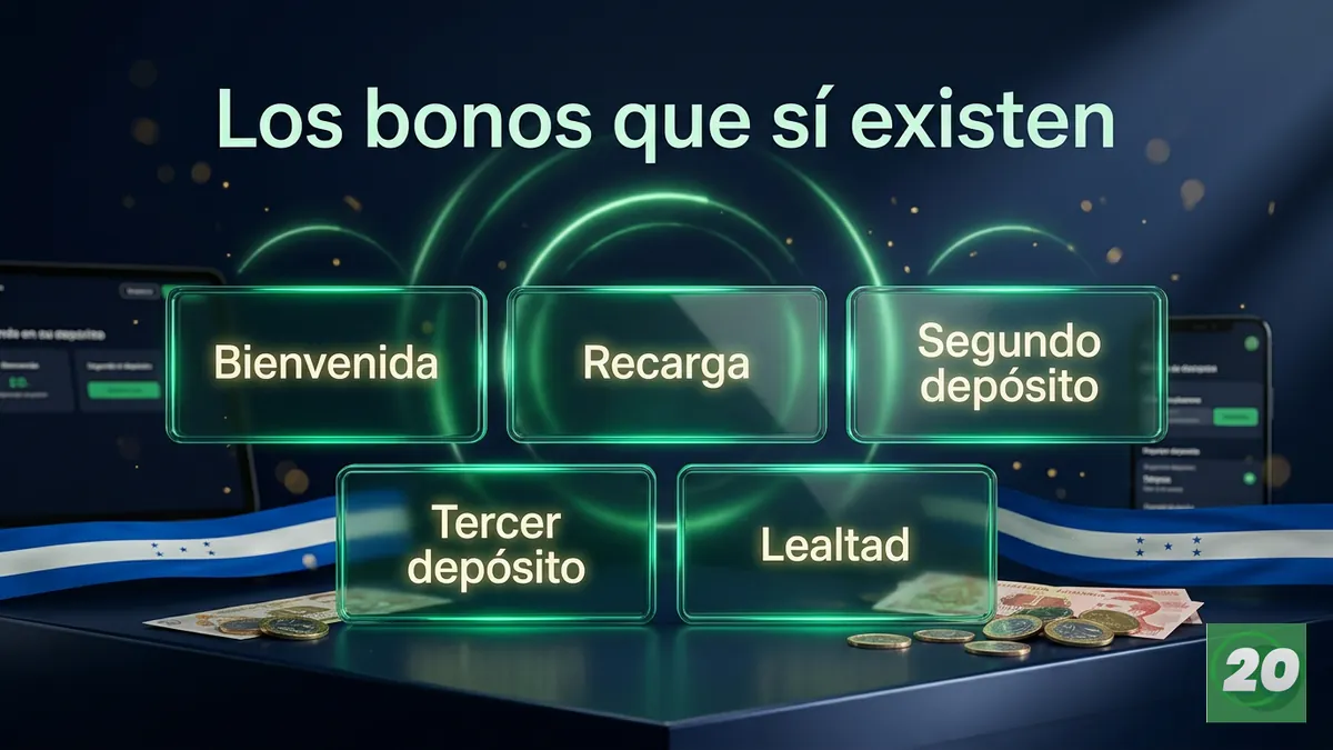 Cinco tarjetas con los bonos con depósito confirmados por 20Bet en Honduras, junto a monedas de lempiras