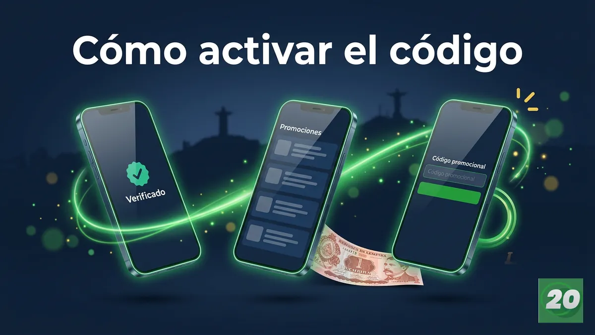 Secuencia de pantallas de celular mostrando los pasos para activar un código promocional de 20Bet en Honduras