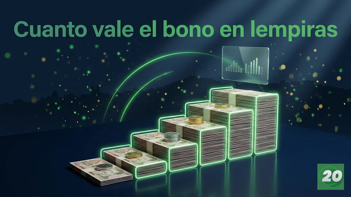 Billetes de lempiras en forma de escalera junto a una tarjeta de bono en Honduras