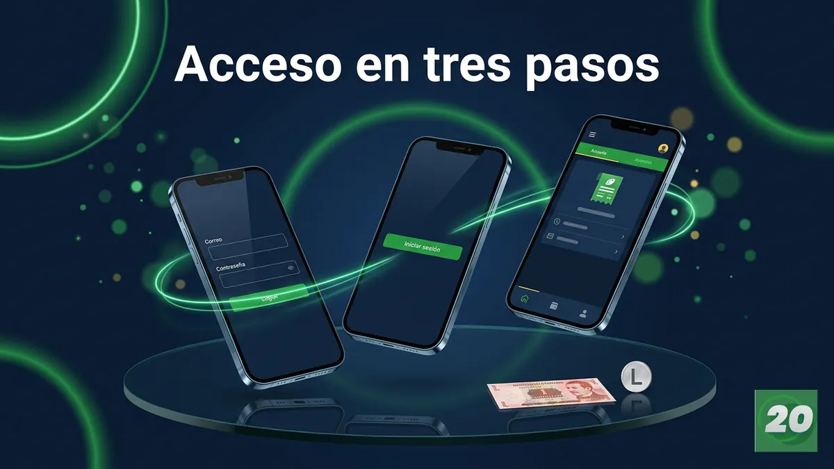 Tres pantallas de celular mostrando el proceso de inicio de sesión paso a paso en 20Bet