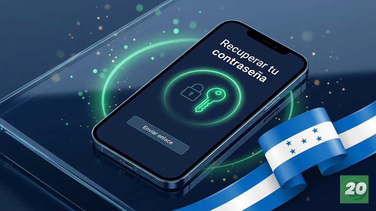 Celular con pantalla de recuperación de contraseña de 20Bet junto a la bandera de Honduras