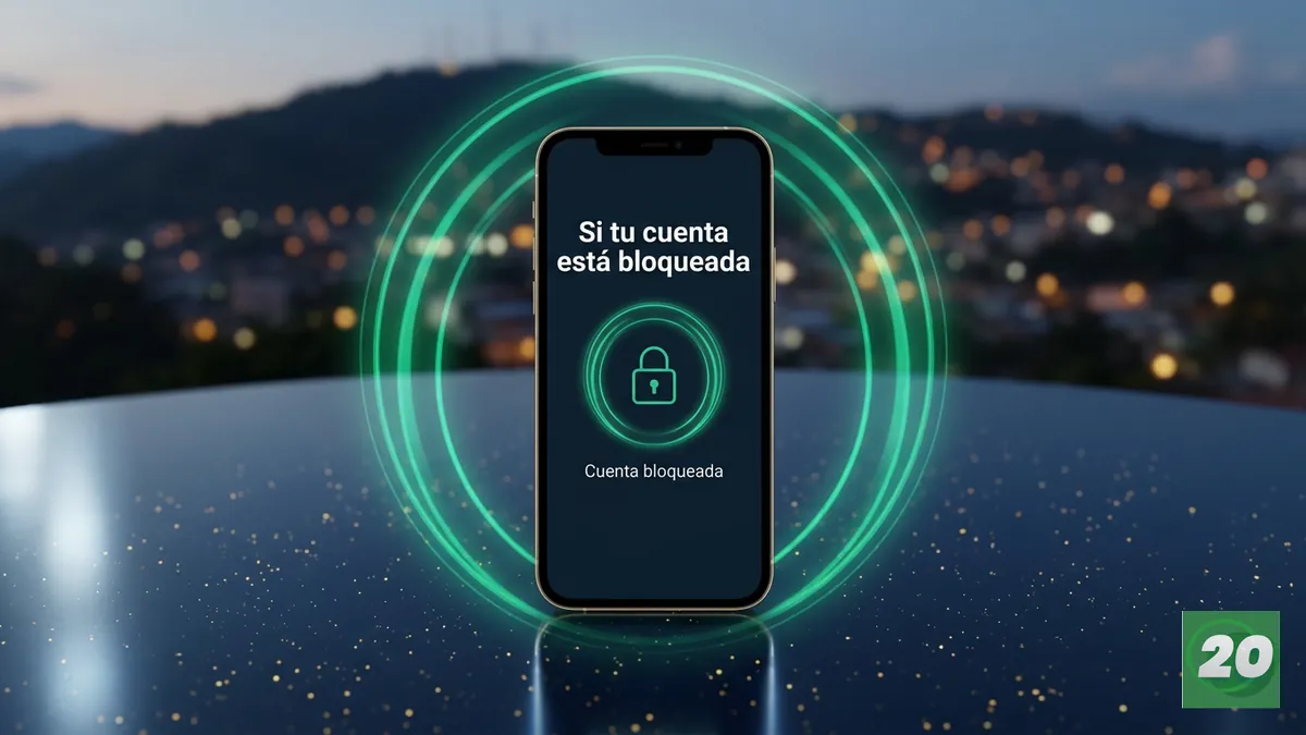 Celular con aviso de cuenta bloqueada en 20Bet frente a la silueta de Tegucigalpa