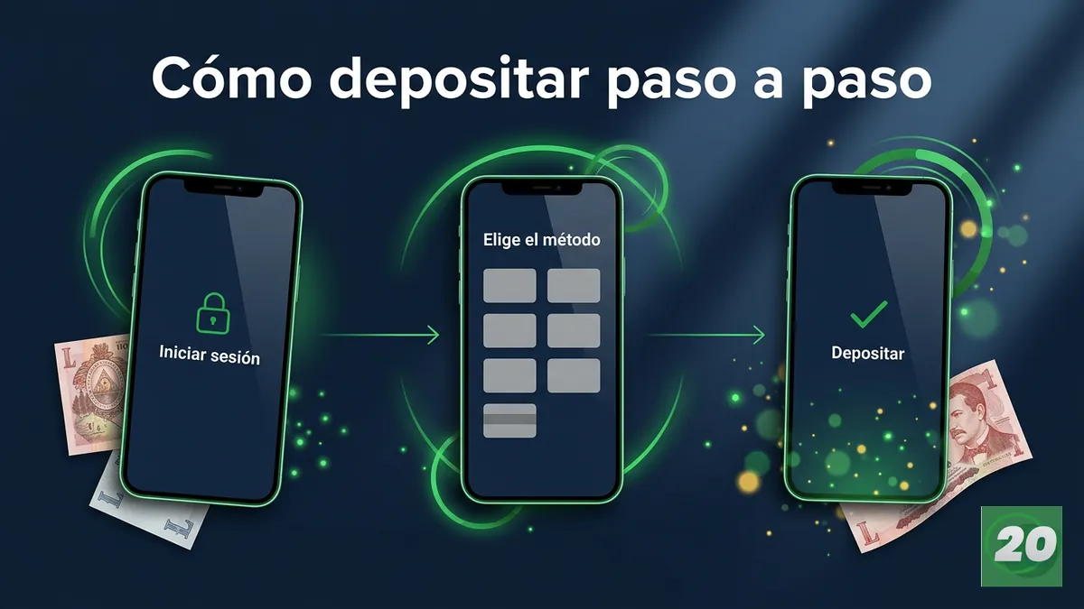 Secuencia de pantallas del proceso de depósito en 20Bet Honduras en español