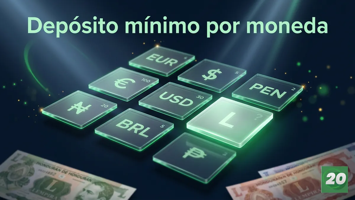 Comparación de depósitos mínimos por moneda de cuenta en 20Bet Honduras, incluido el lempira