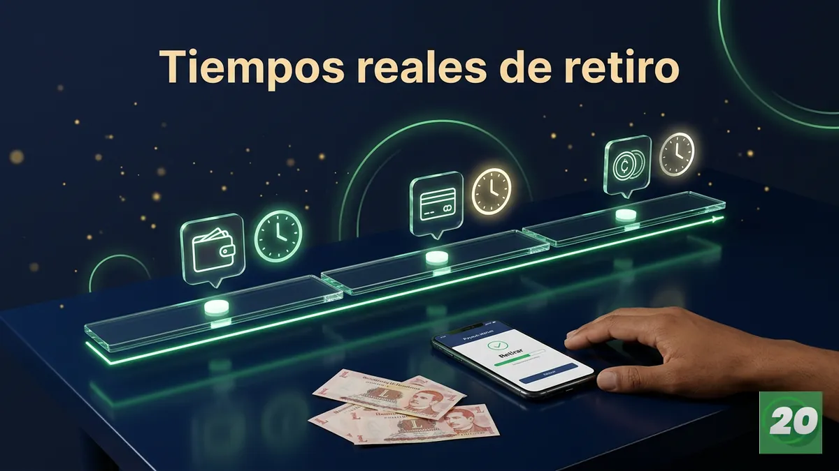 Línea de tiempo con relojes y billetes de lempiras mostrando los plazos de retiro declarados por 20Bet
