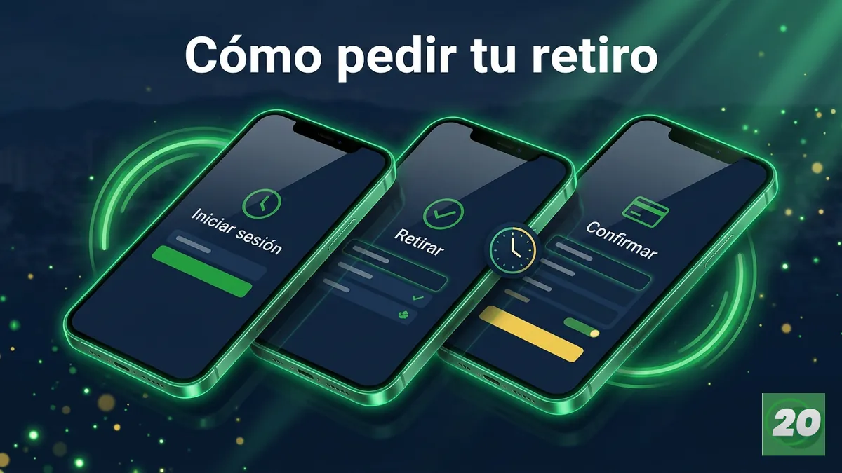 Secuencia de pantallas de celular mostrando los pasos para solicitar un retiro en 20Bet Honduras