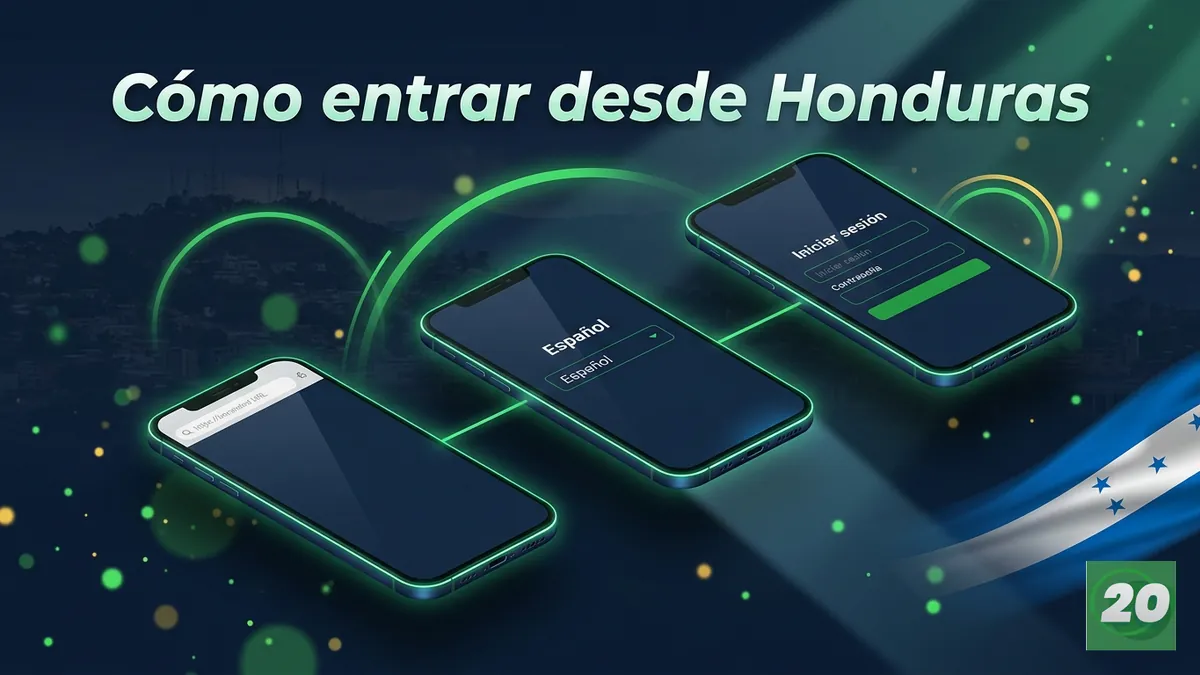 Tres pantallas de celular mostrando los pasos para entrar al sitio oficial de 20Bet desde Honduras